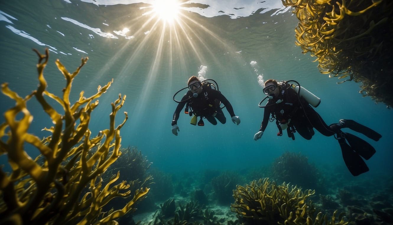 Sunlight filters through the ocean's surface, illuminating a bed of kelp. A diver collects the kelp, which is later processed into a rich fertilizer for gardening