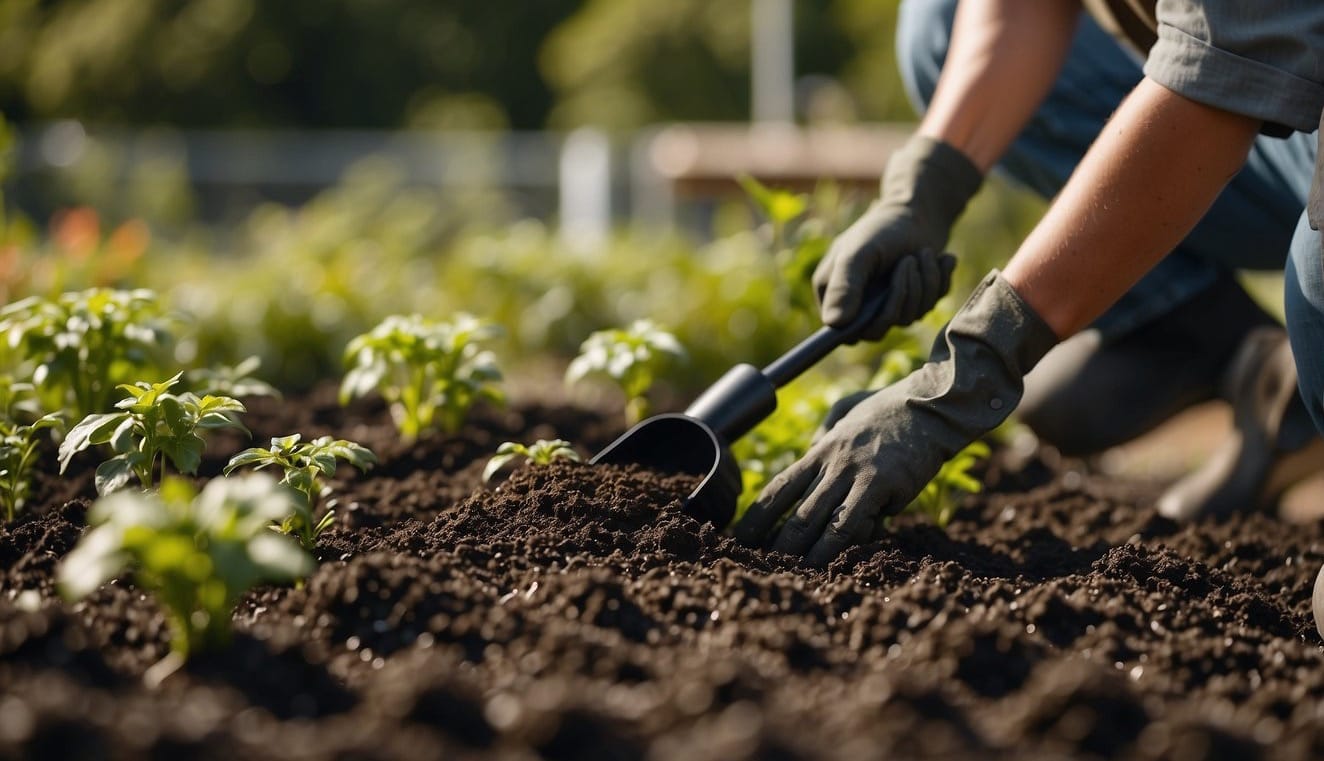 A gardener pours kelp fertilizer onto soil around plants, using a handheld scoop or spreader. The fertilizer is evenly distributed, covering the entire garden bed