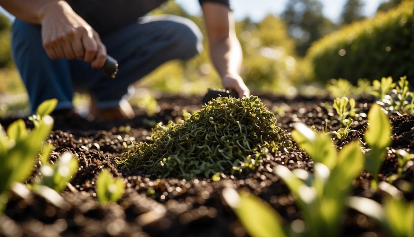 A person pouring kelp fertilizer onto a lush garden bed, with bags of kelp products nearby and a sunny sky overhead