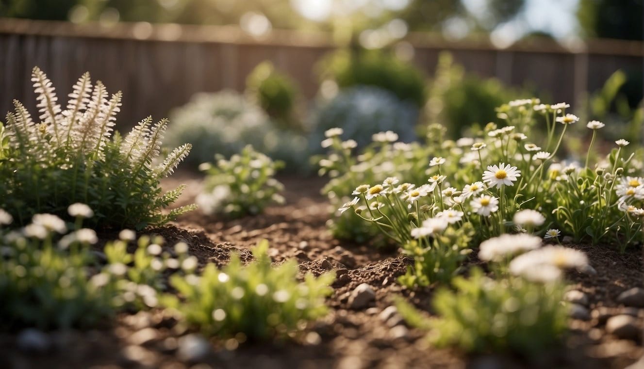 A garden with diatomaceous earth spread around plants, pets nearby