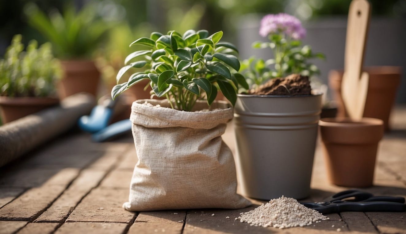 A bag of diatomaceous earth sits next to gardening tools, with a potted plant in the background