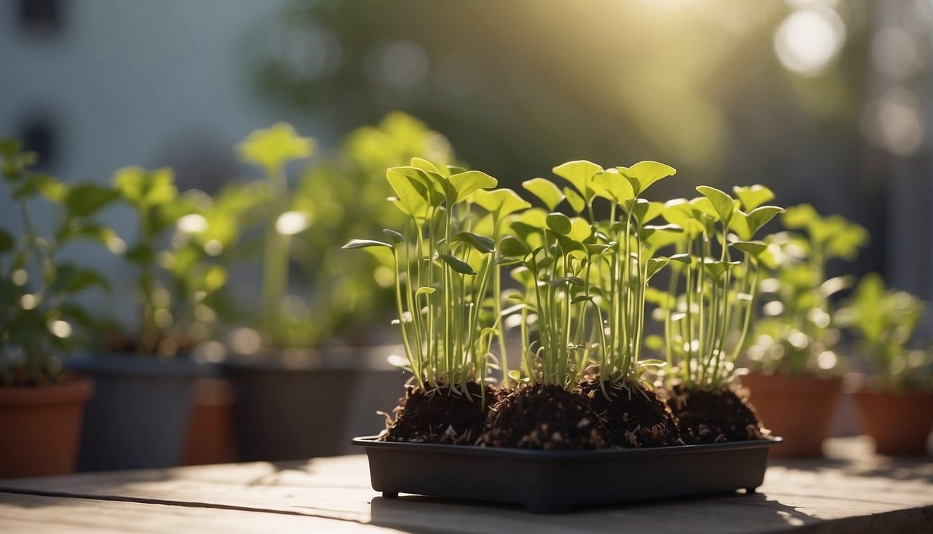 Seedlings sit on a table outdoors, exposed to gentle sunlight and a light breeze. A small fan blows nearby, acclimating them to outdoor conditions