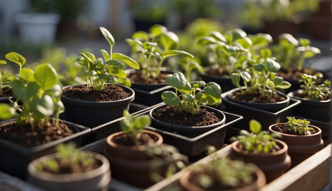 Seedlings sit on a table outside, exposed to gentle sunlight and a light breeze. They are surrounded by pots and trays, acclimating to the outdoor environment