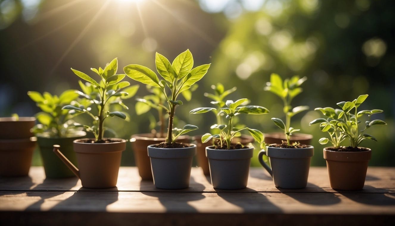 Seedlings sit on a table outdoors. Sunlight filters through the leaves as a gentle breeze rustles them. A watering can and small pots are nearby