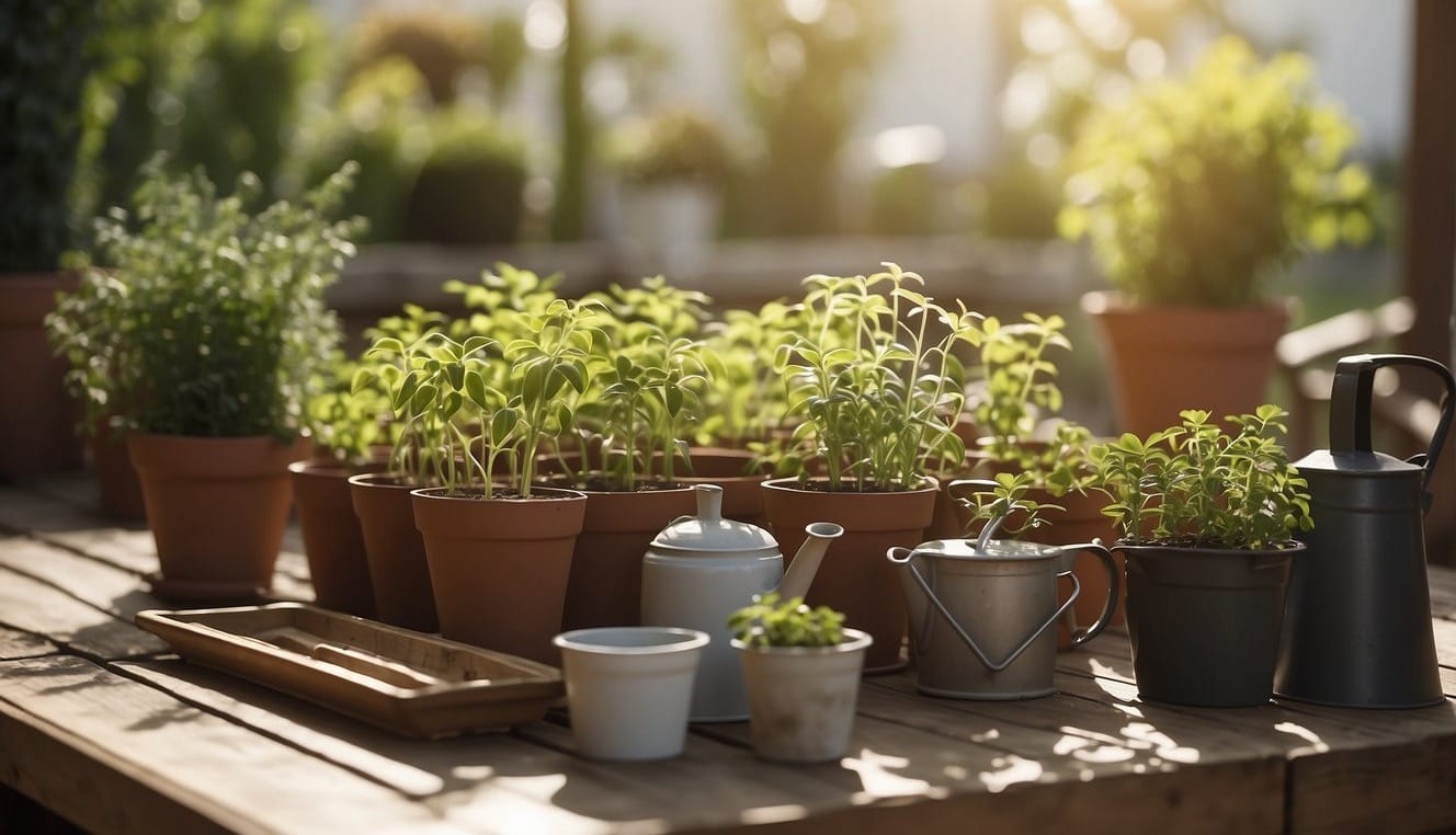 Seedlings arranged on outdoor table, surrounded by pots and trays. Gentle breeze and filtered sunlight. Watering can and small garden tools nearby