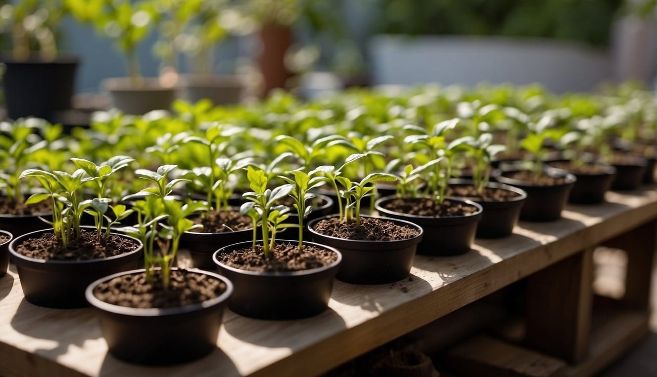 Seedlings sit on a table outdoors, exposed to gentle sunlight and a light breeze. They are surrounded by pots and trays, acclimating to the outdoor environment before being transplanted