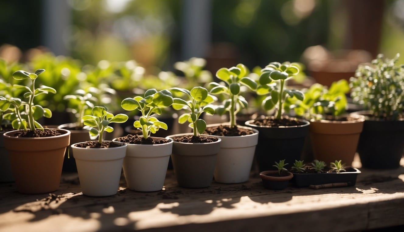 The bright sun shines down on a variety of young seedlings arranged on a table outside, surrounded by pots and gardening tools