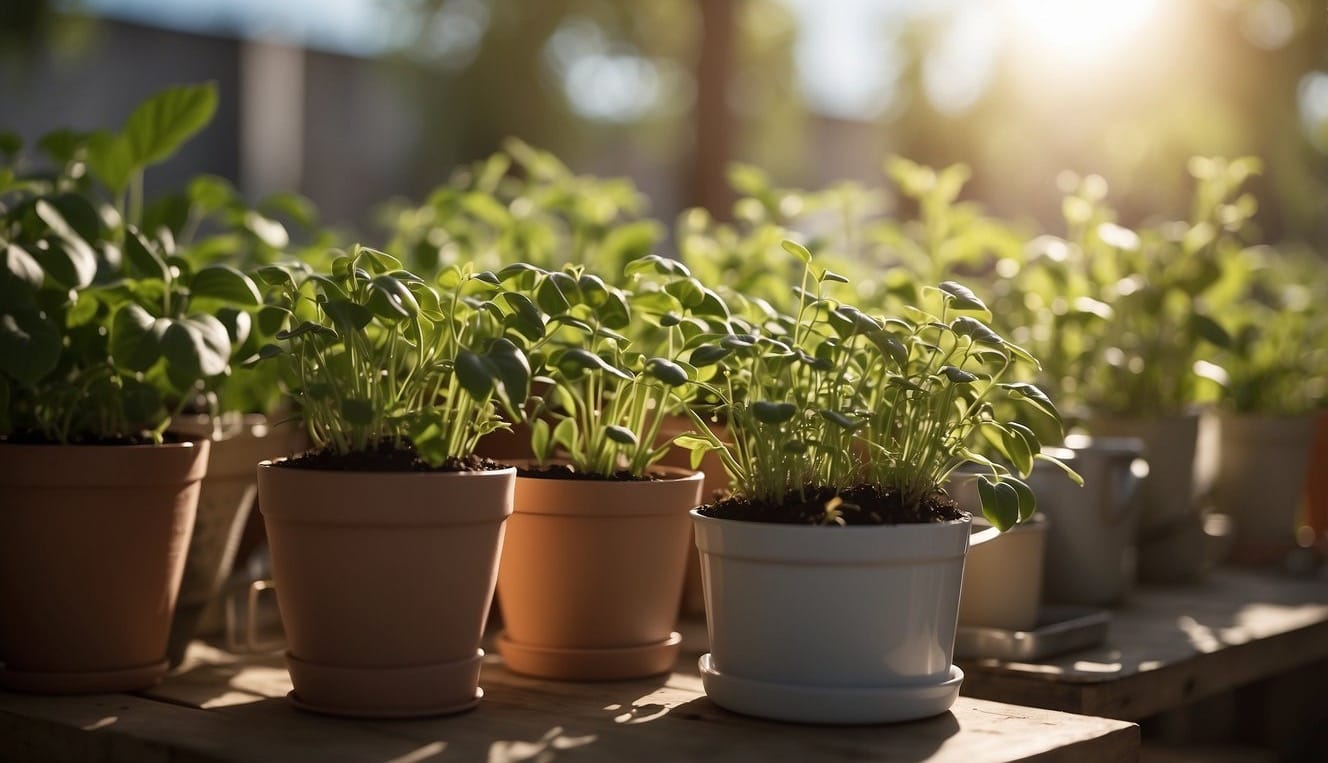 Seedlings sit on a table outside, exposed to gentle sunlight and a light breeze. They are surrounded by pots and containers, with a watering can nearby