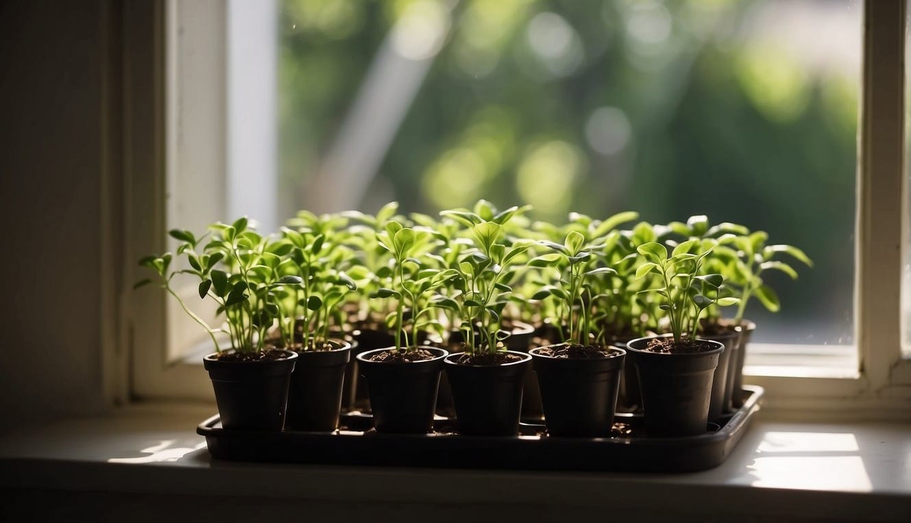 Lush green seedlings sit on a windowsill, bathed in soft sunlight. A gentle breeze filters through the open window, rustling their delicate leaves
