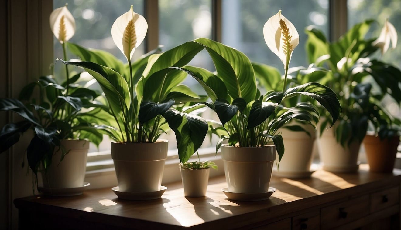 A table with various peace lily varieties in pots. Sunlight streams through a nearby window, illuminating the lush green leaves