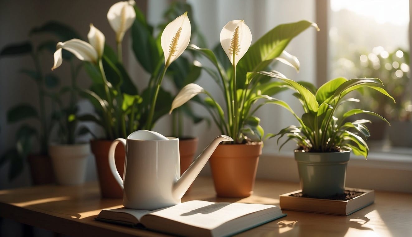 A bright room with indirect sunlight. A watering can nearby. Soil appears moist. A small pot with a peace lily plant. A care guide book open nearby