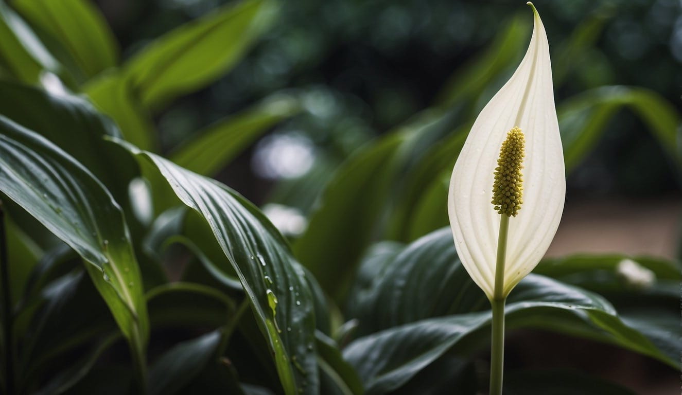 A healthy peace lily surrounded by natural pest and disease prevention methods, such as neem oil spray and proper watering techniques