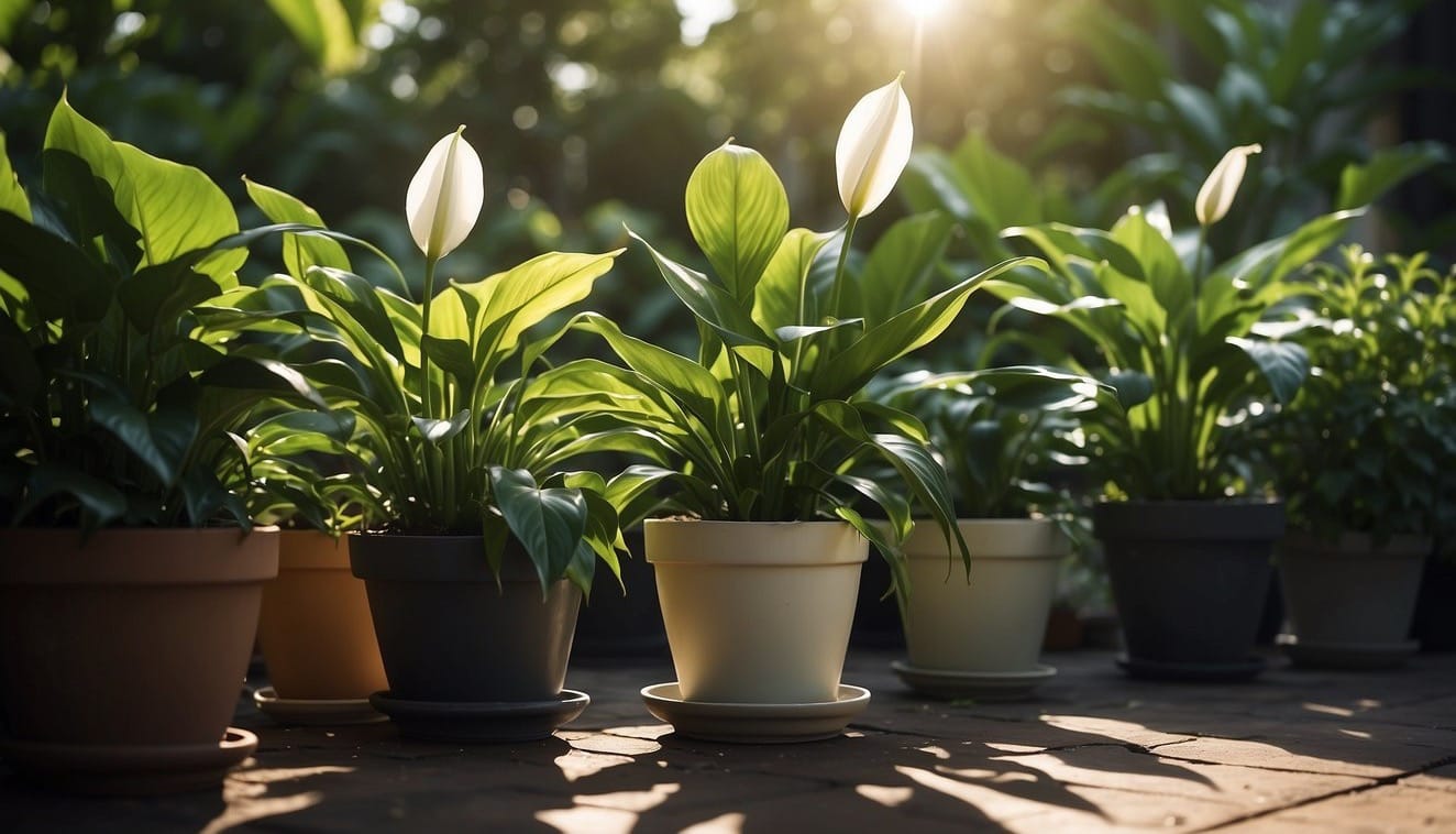 A peaceful, green garden with a variety of potted peace lilies in different stages of growth. Sunlight filters through the leaves, casting dappled shadows on the ground