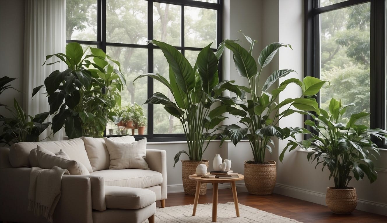 A serene living room with a large window, a peaceful atmosphere, and a healthy Peace Lily plant thriving in the corner