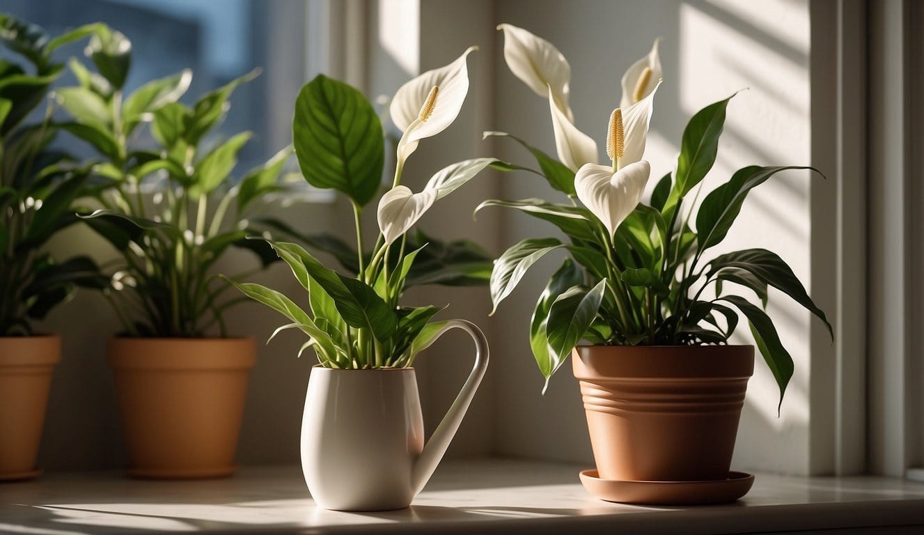 A bright room with a peaceful atmosphere. A potted peace lily sits on a windowsill, bathed in soft sunlight. A watering can and a bag of fertilizer are nearby