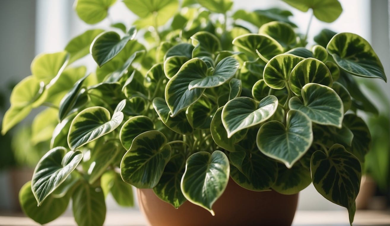 Lush green Watermelon Peperomia plant grows in a bright, airy space with dappled sunlight. Its round, striped leaves cascade from the pot, creating a vibrant and inviting display