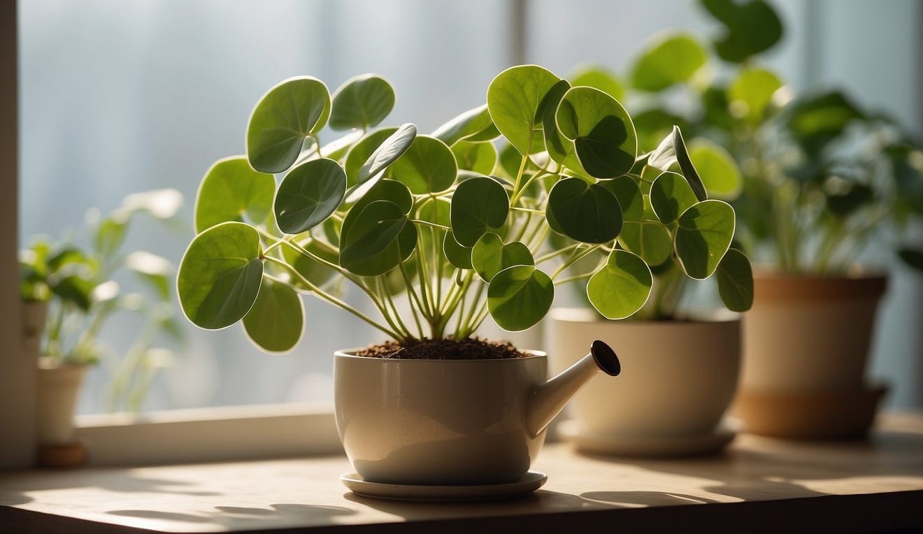 A Chinese money plant sits in a bright, sunlit room. Its round, pancake-shaped leaves are vibrant green and sit atop slender, delicate stems. The plant is surrounded by a few small pots of soil and a watering can, indicating its care