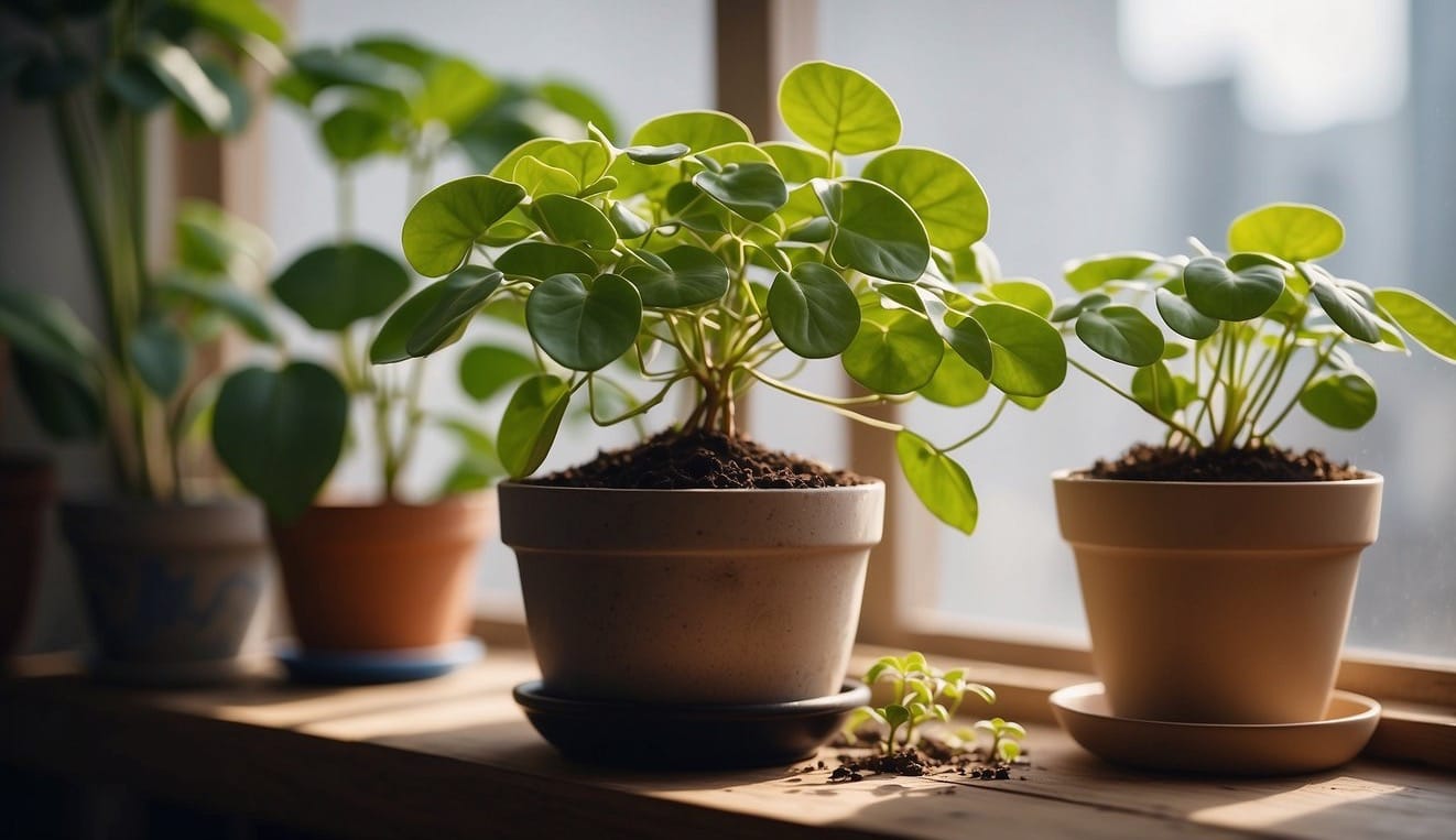 A Chinese Money Plant being carefully repotted into a larger pot with fresh soil, positioned near a bright window for optimal sunlight