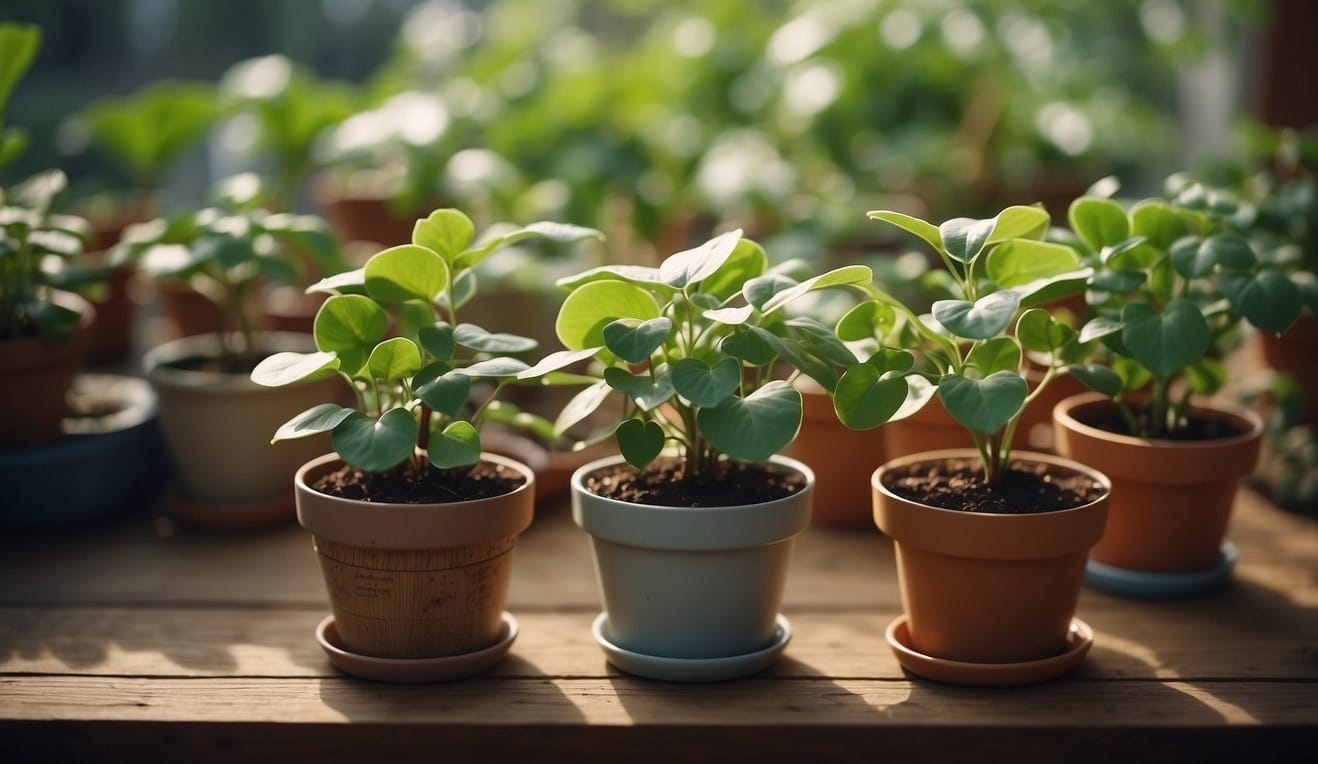 A variety of Chinese Money Plants in different sizes and leaf shapes grow in pots, surrounded by gardening tools and care instructions