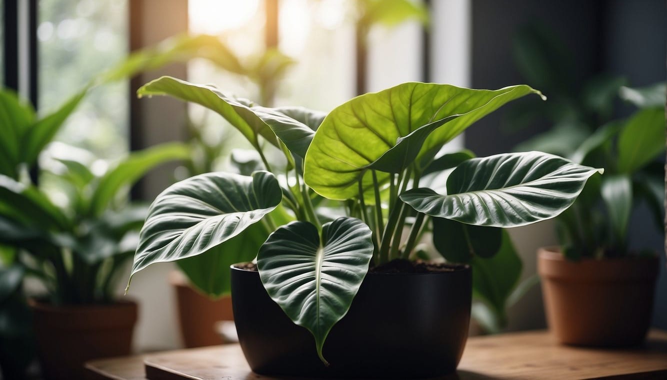 Alocasia plant in a well-lit room with moist soil, surrounded by other tropical plants