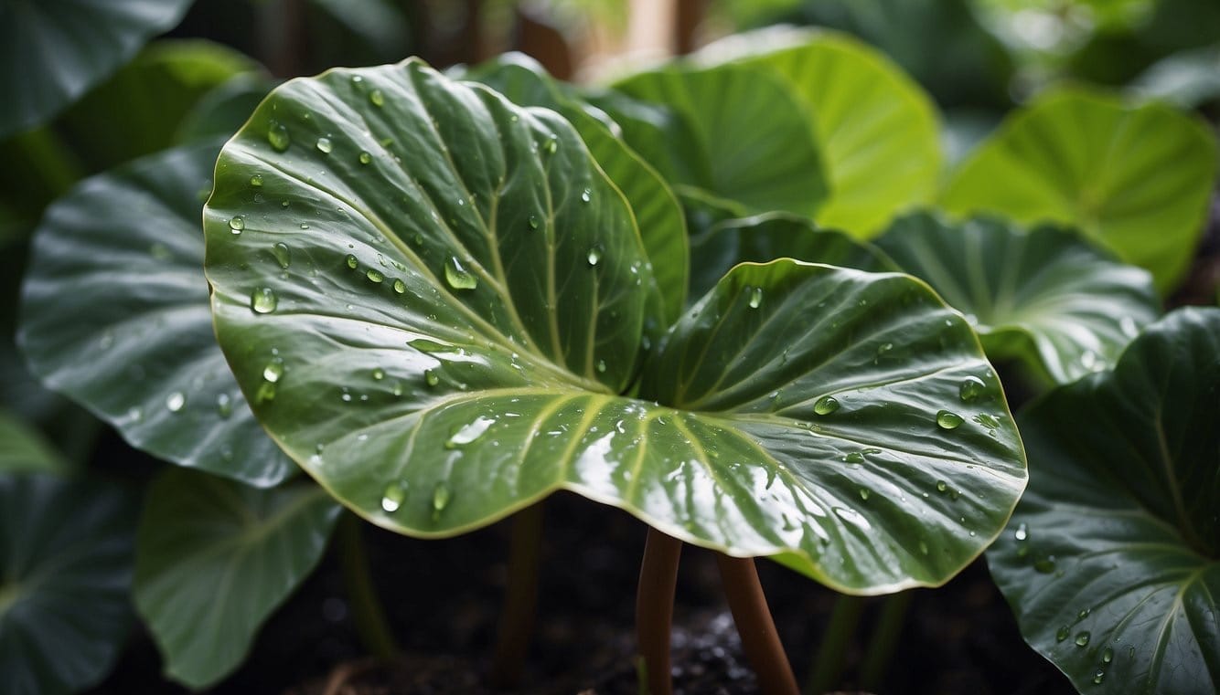 Rich, moist soil surrounds the Alocasia plant, with water droplets glistening on its broad, vibrant leaves
