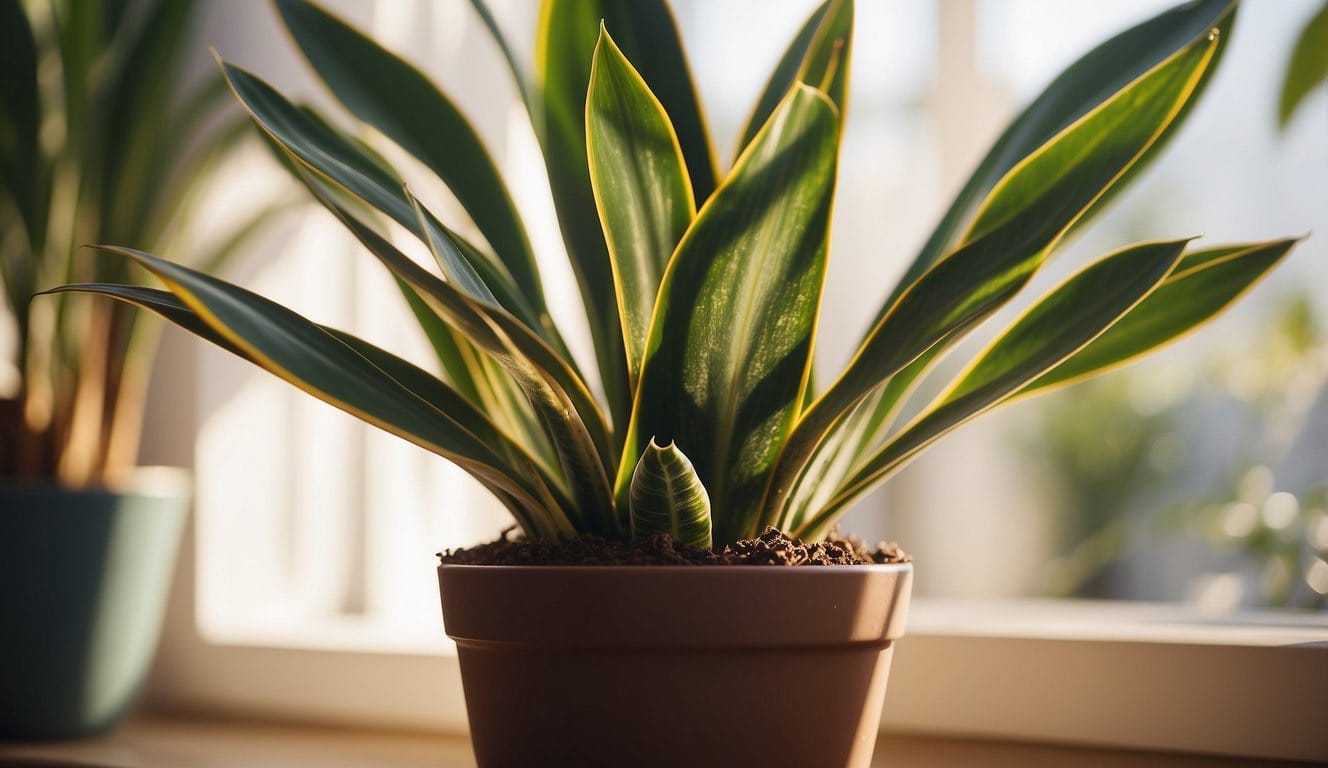 A snake plant sits in a bright room, nestled in a pot with well-draining soil. Sunlight streams in through a nearby window, casting a warm glow on the plant's tall, sturdy leaves