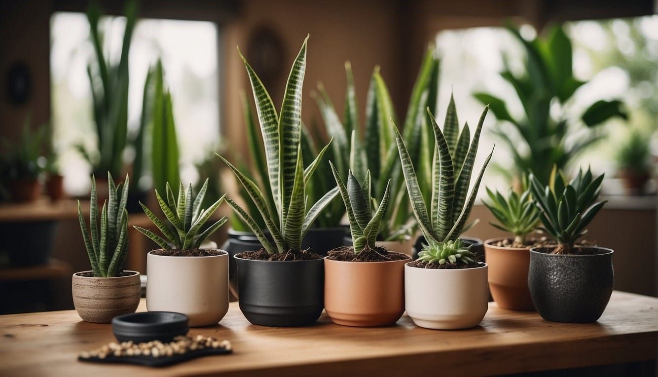 A variety of snake plants in different pots