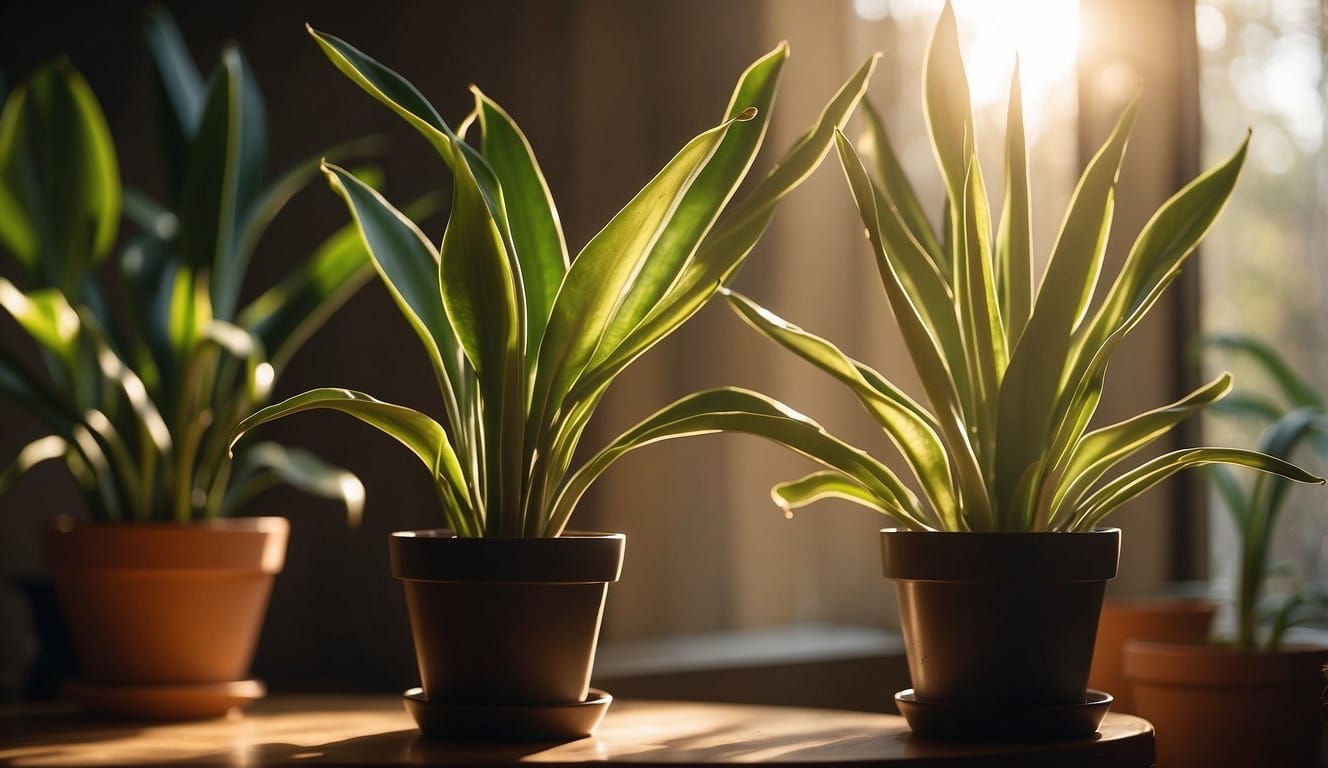 The sun shines through a window onto a snake plant. The room is warm and the plant is thriving in its bright, well-lit environment