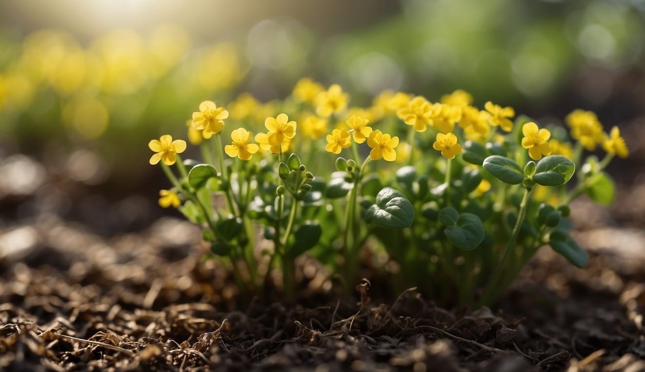 Winter cress grows in a garden bed, surrounded by moist soil and dappled sunlight. Its delicate leaves and small yellow flowers create a beautiful and inviting scene