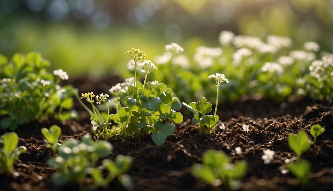 A garden with rich, moist soil and partial shade. Winter cress plants are thriving, with bright green leaves and delicate white flowers