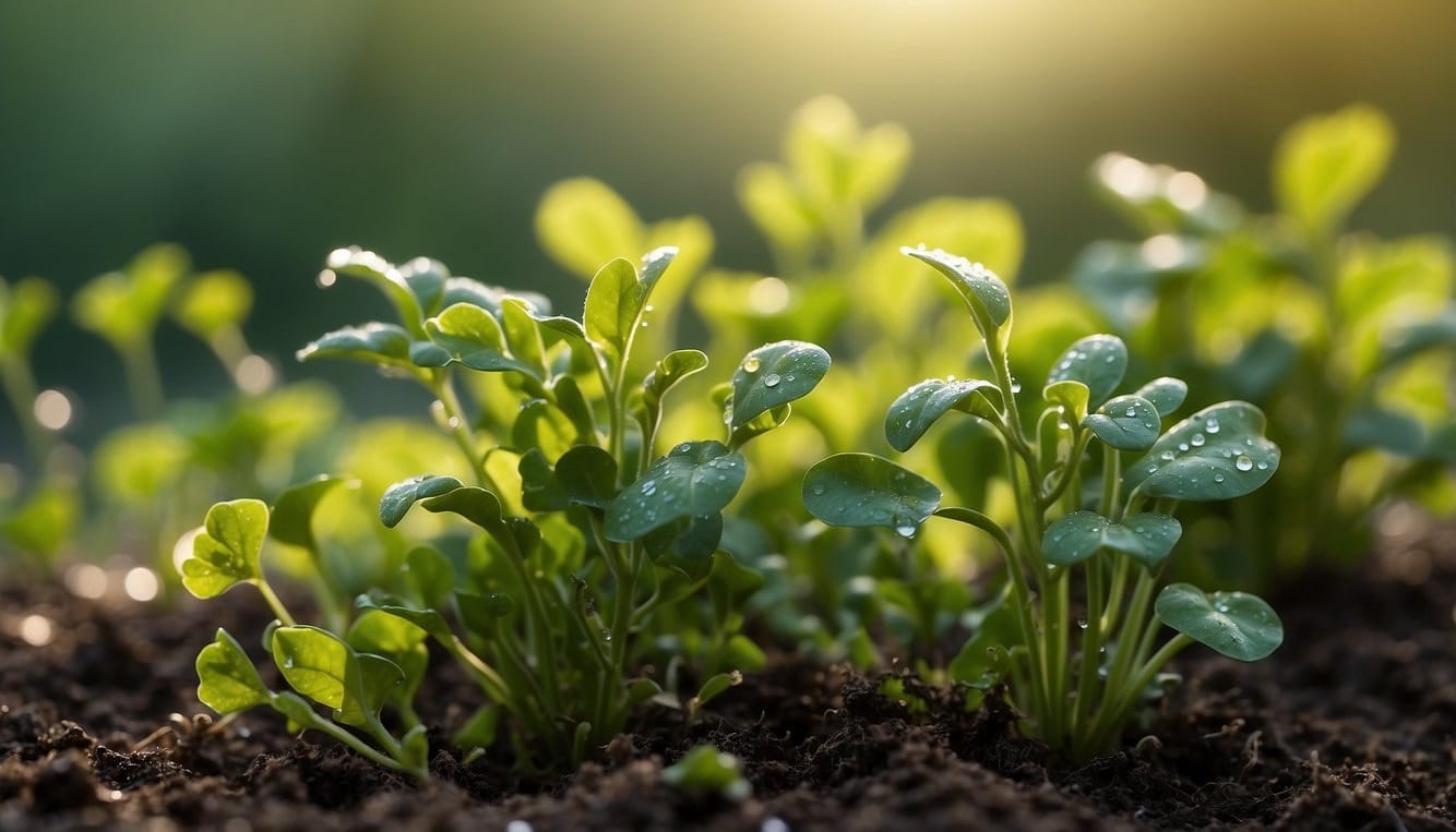 Winter cress growing in fertile soil, surrounded by other leafy greens. Sunlight filtering through the leaves, with droplets of water clinging to the vibrant green foliage