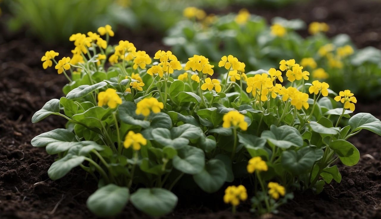 A garden bed filled with various winter cress varieties and their relatives, surrounded by rich, dark soil. The plants are thriving, with vibrant green leaves and delicate white or yellow flowers