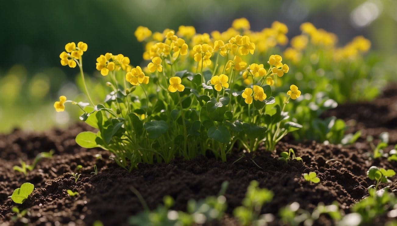 Healthy winter cress plants thriving in a well-tended garden, with rich soil, proper sunlight, and regular watering. Lush green leaves and vibrant yellow flowers are in full bloom, showcasing successful growth techniques