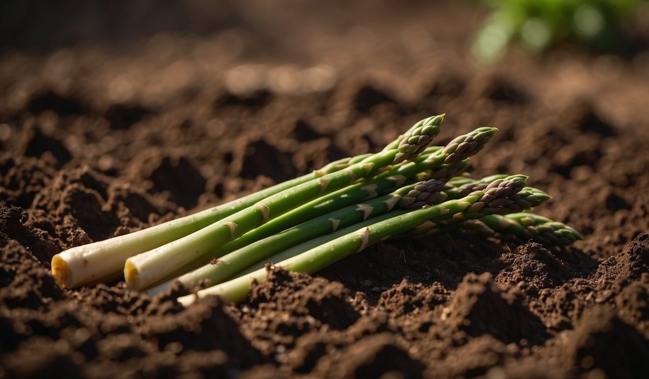 Lush green asparagus spears emerging from the soil in a garden bed, surrounded by rich, dark earth and bathed in warm sunlight