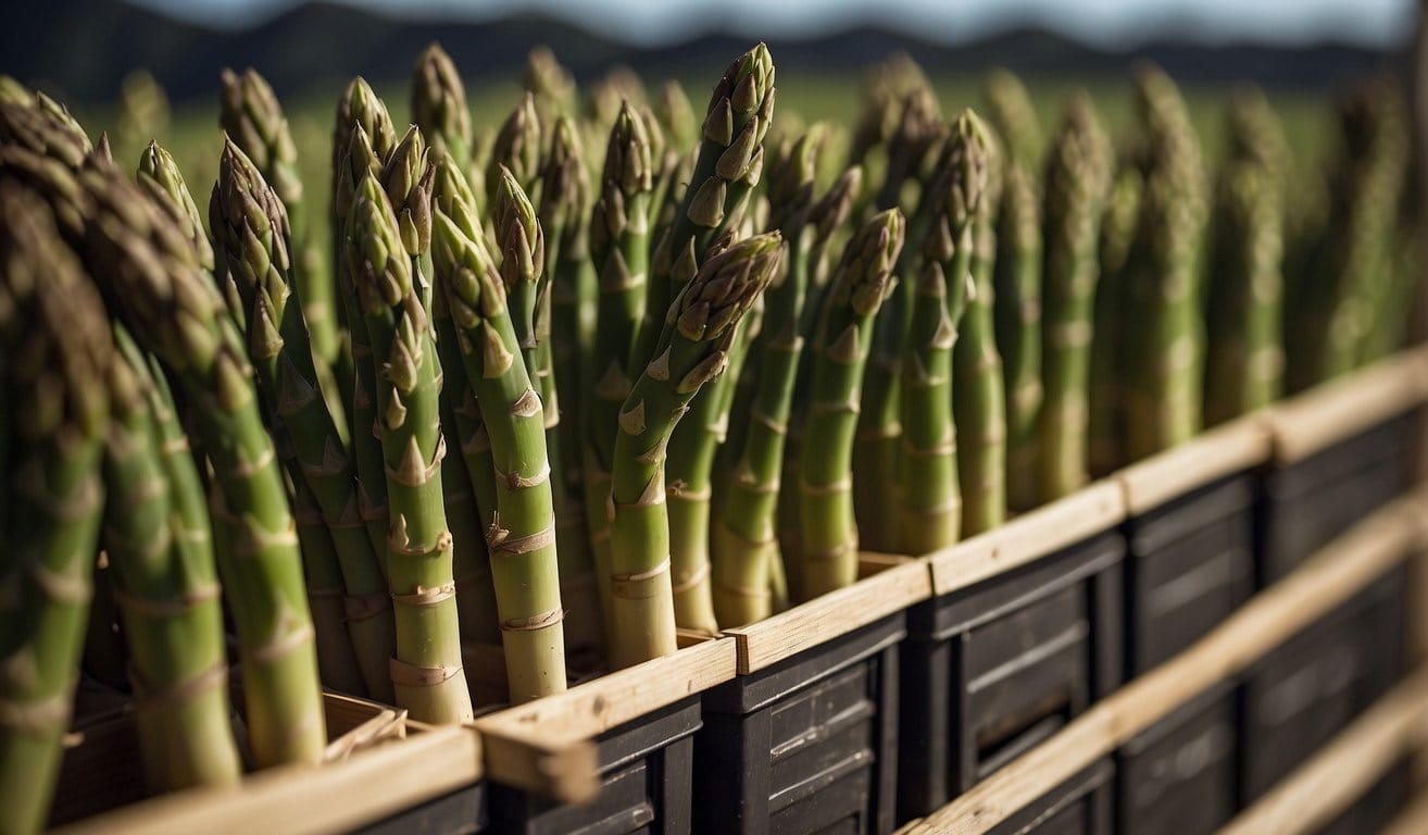 Asparagus spears being harvested and placed in storage crates