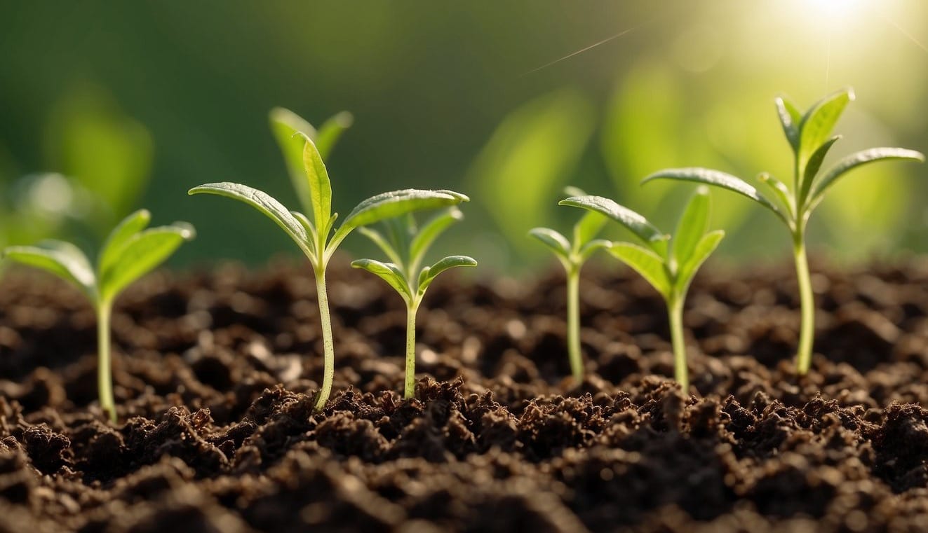 Healthy seedlings emerge from the soil, bathed in warm sunlight. Tiny roots reach down while delicate green shoots stretch upwards, ready to grow