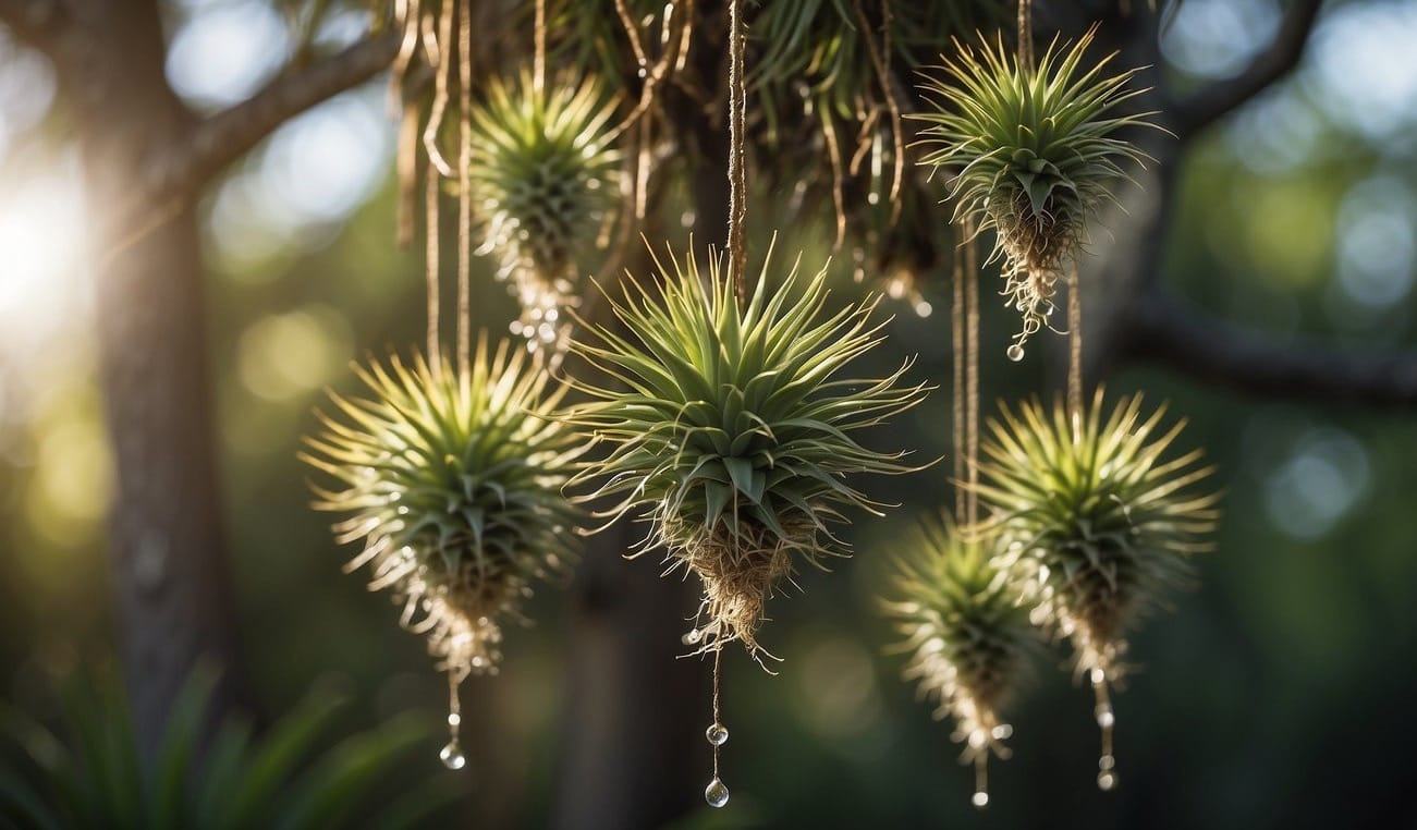 Air plants hang from a tree branch, soaking up sunlight. Their leaves are green and spiky, with delicate blooms emerging from their centers