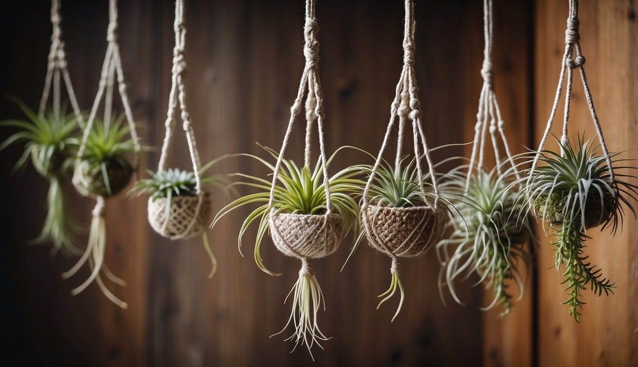 Air plants arranged on a wooden board with small pebbles and moss, surrounded by natural light and hanging from a macrame hanger