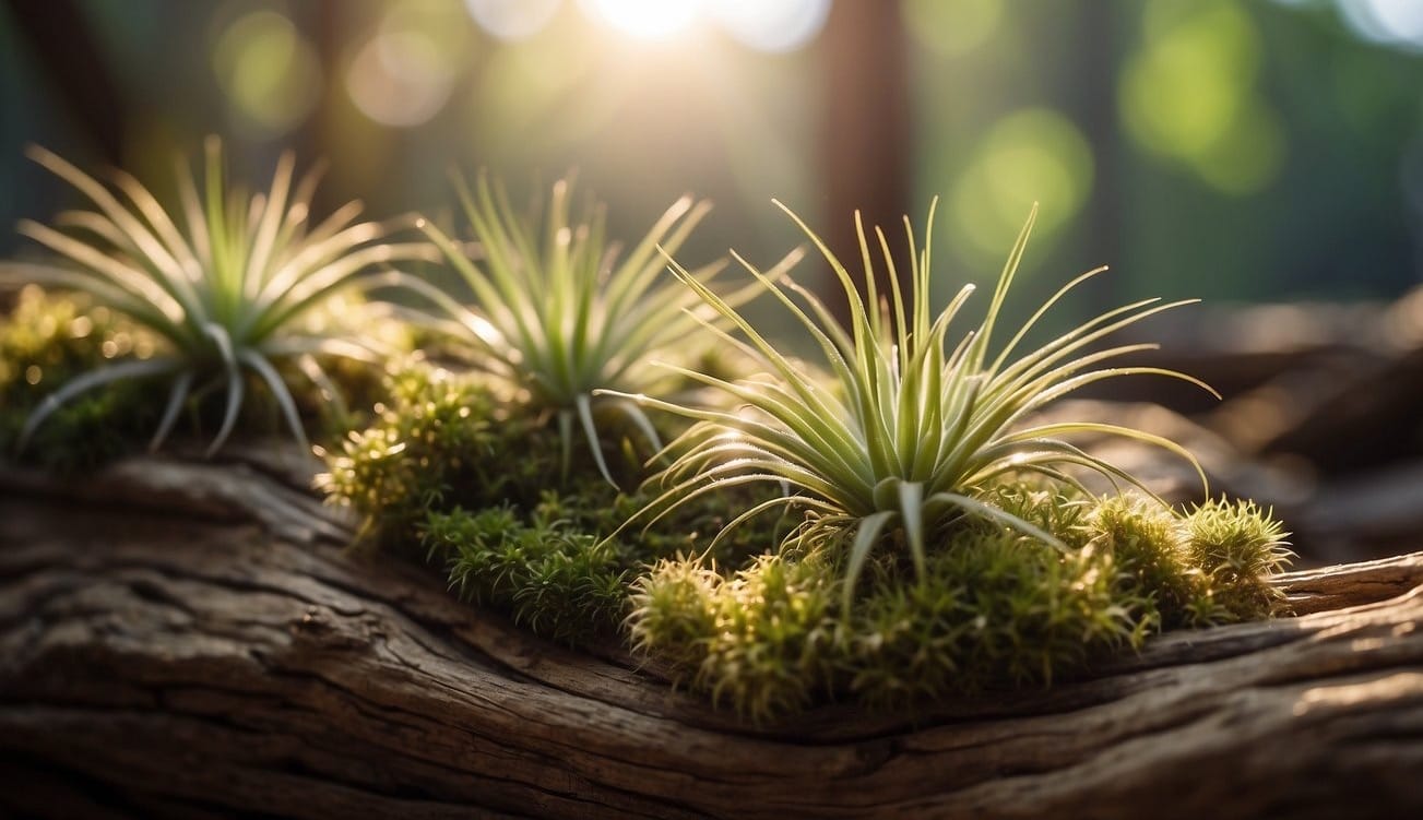 An air plant sits on a piece of driftwood, surrounded by small pebbles and moss. Sunlight filters through a nearby window, casting a warm glow on the plant