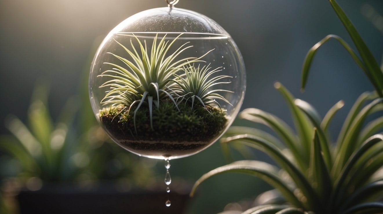 Air plant suspended in mid-air, receiving a gentle mist of water and a sprinkle of fertilizer