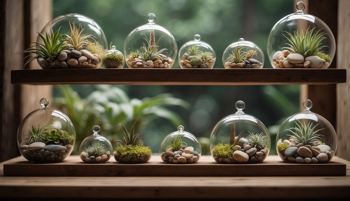 A wooden display shelf holds a variety of air plants in glass terrariums. A backdrop of natural materials such as driftwood and stones creates a serene and organic setting