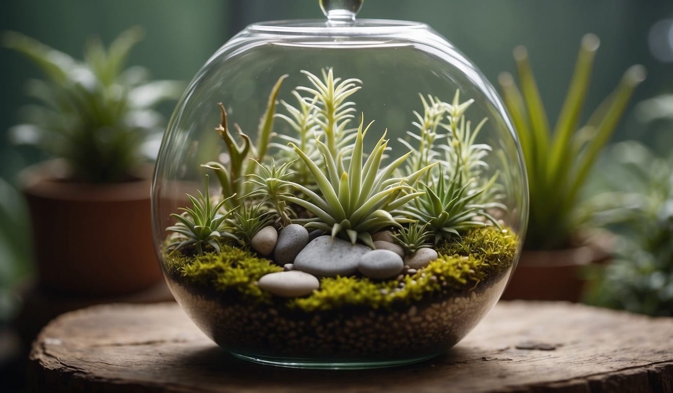 Air plants sitting in a glass terrarium, surrounded by small pebbles and moss.