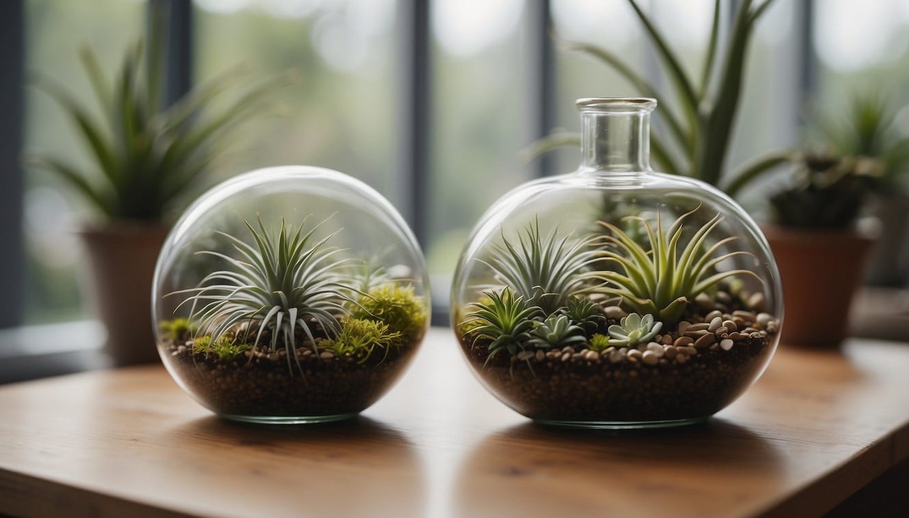 Air plants arranged on a table, some in glass terrariums. One plant is wilting, another has brown tips. A small spray bottle and a container of fertilizer are nearby