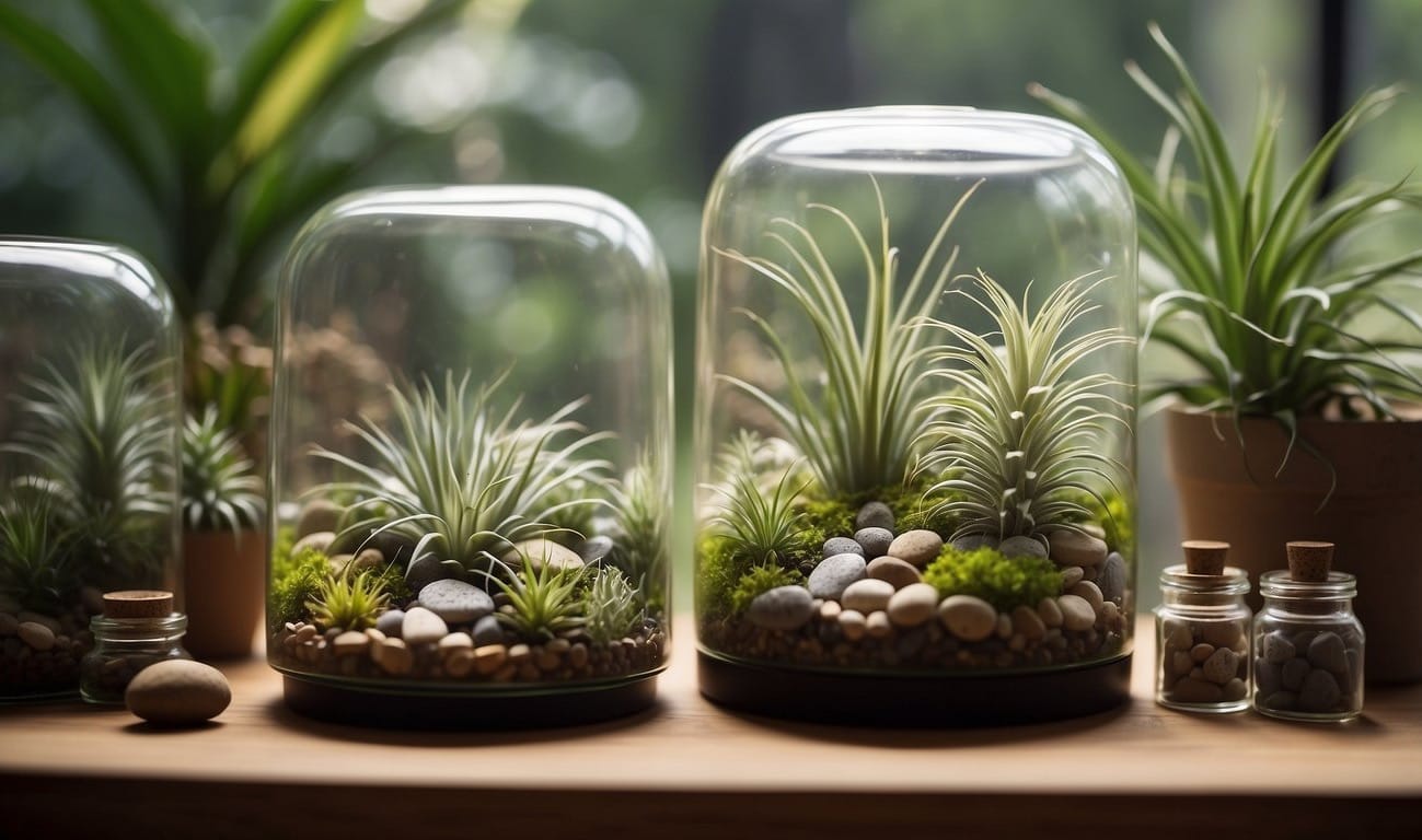 Air plants sit in a clear glass terrarium on a wooden shelf. They are surrounded by small decorative rocks and receive indirect sunlight. A small spray bottle sits nearby for misting