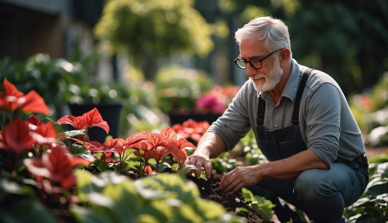 A gardener carefully chooses caladium bulbs, then plants and waters them in a shaded garden bed