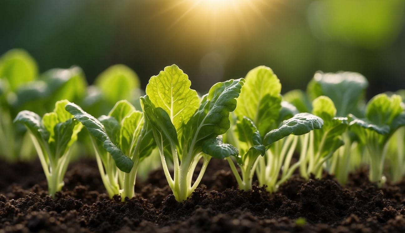 Mustard greens sprout from rich, dark soil, their vibrant green leaves reaching towards the sun. The plants are surrounded by small droplets of water, glistening in the morning light