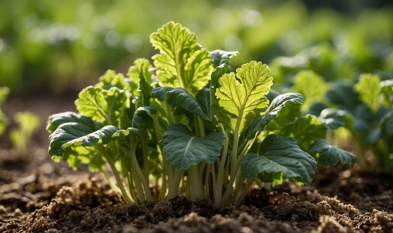 Healthy mustard greens surrounded by natural pest control methods and disease prevention measures