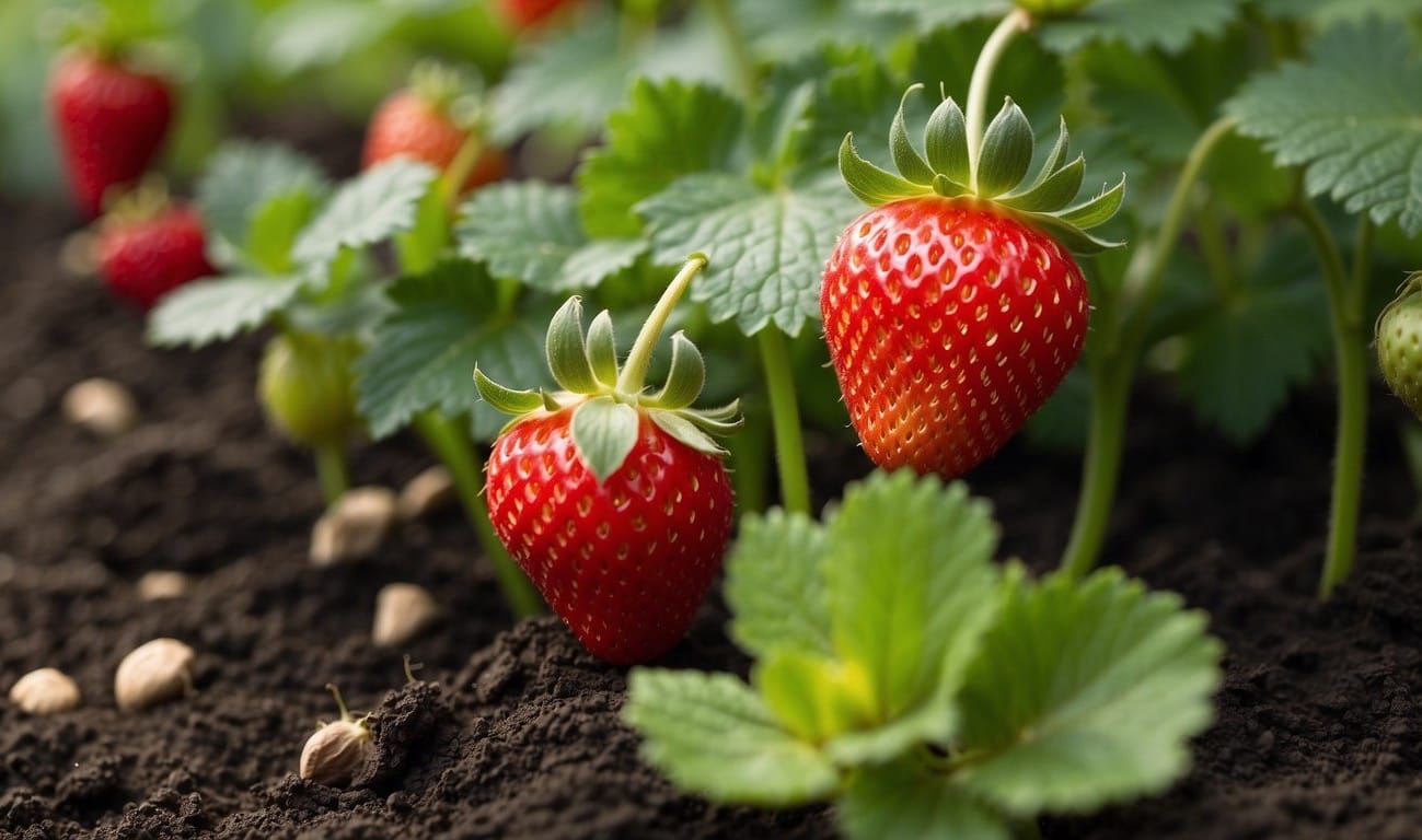 A garden bed with rich, dark soil, rows of green strawberry plants, and vibrant red strawberries ready for picking