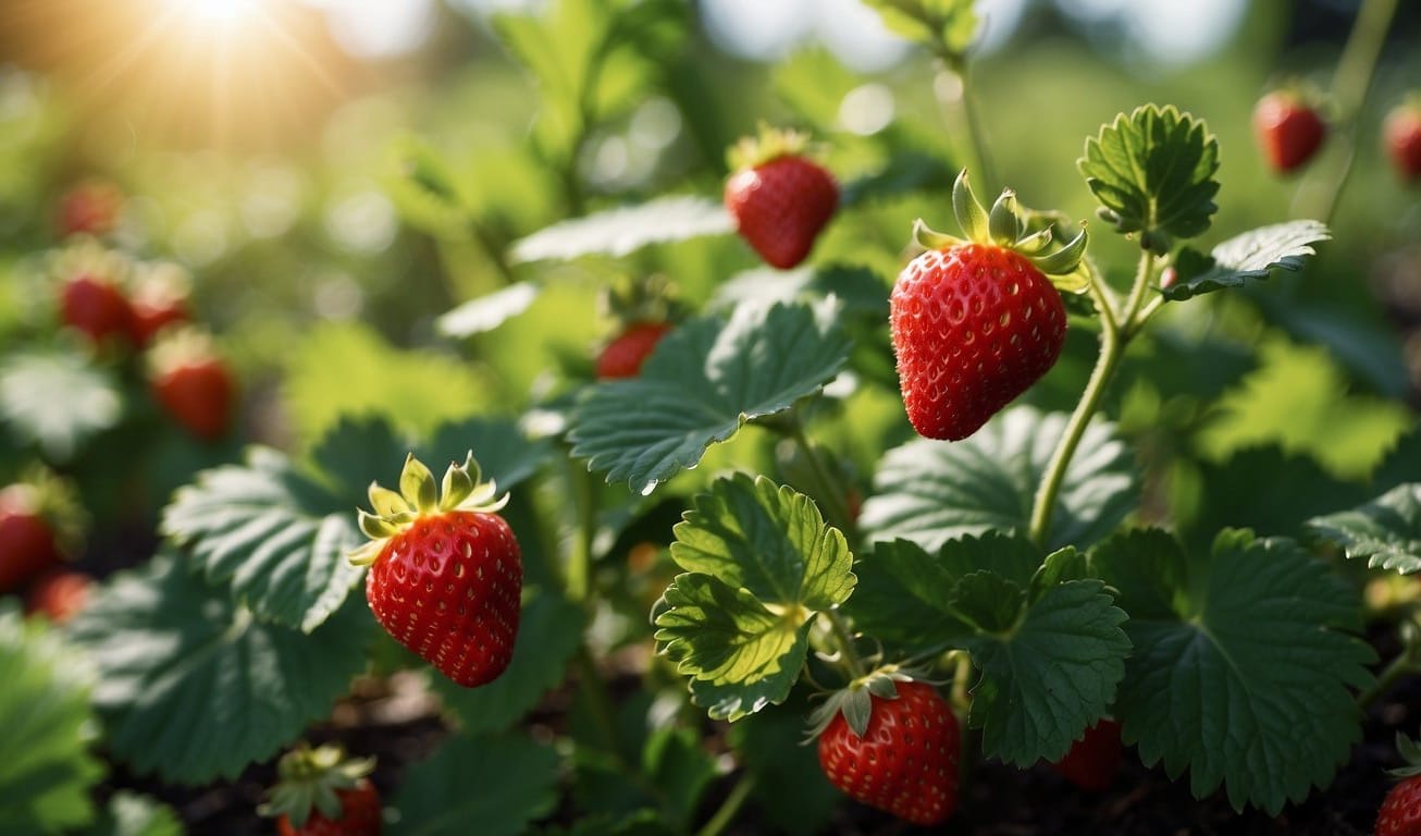 Lush green strawberry plants spread across a sun-drenched garden, with vibrant red berries peeking out from the foliage