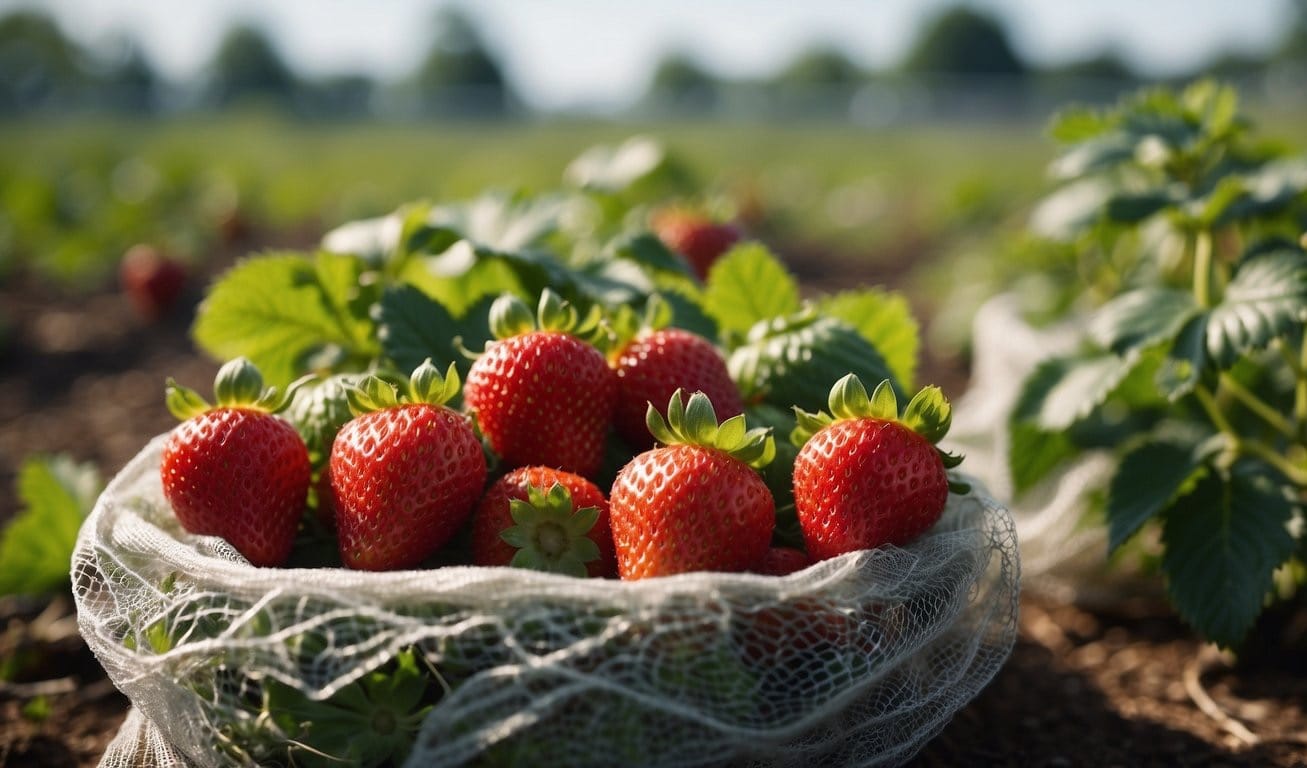 Strawberry plants surrounded by protective netting, with healthy leaves and ripe fruit.
